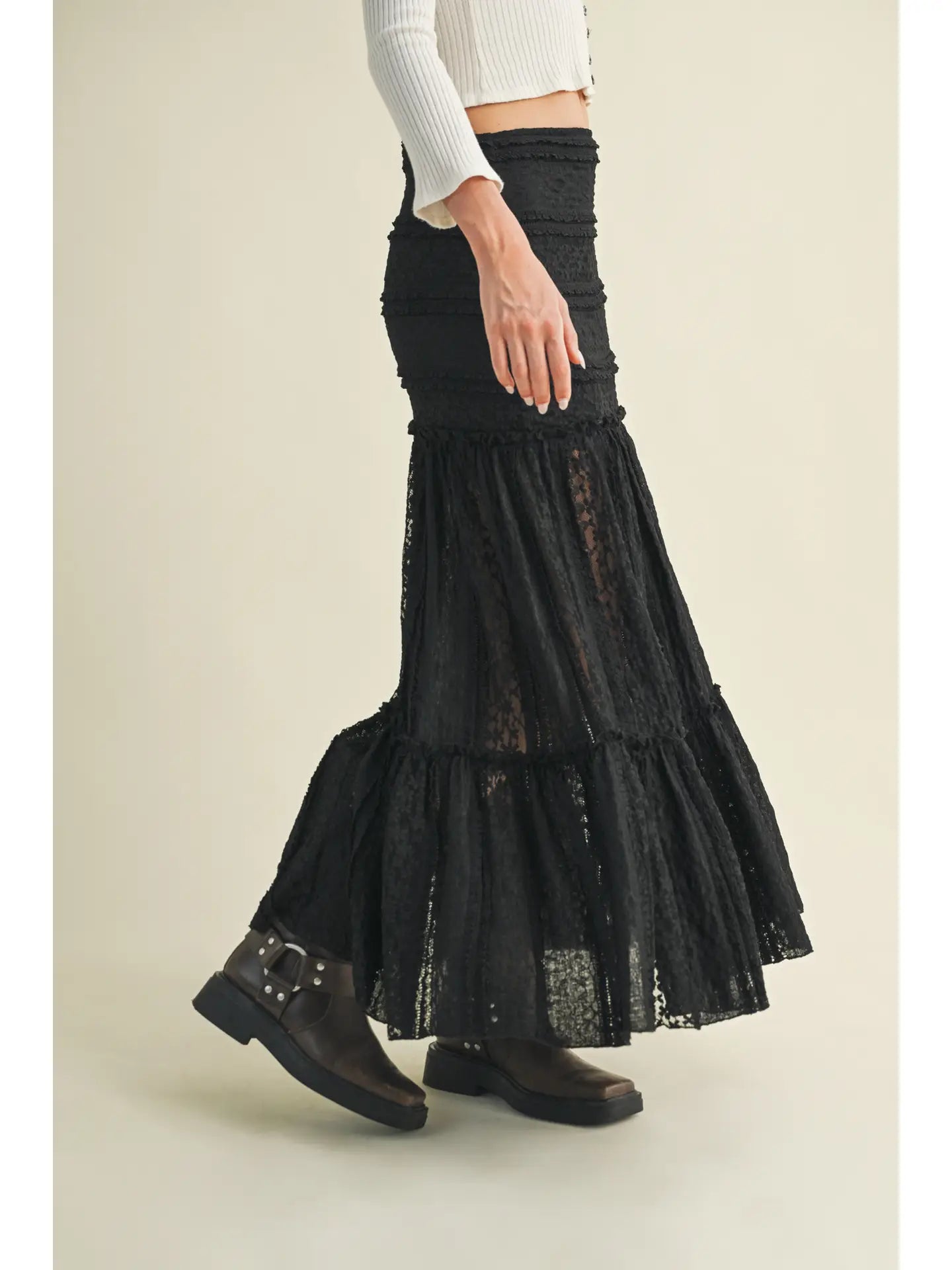 Tiered Lace Maxi Skirt - Black