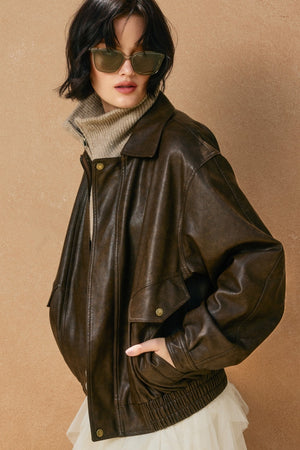 Oversized Faux Leather Biker Jacket - Espresso