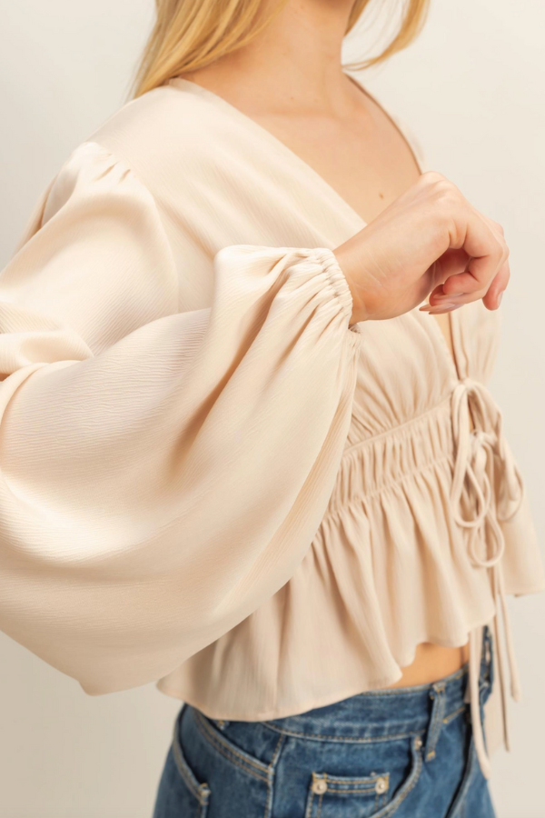 Deep V Peasant Blouse - Champagne