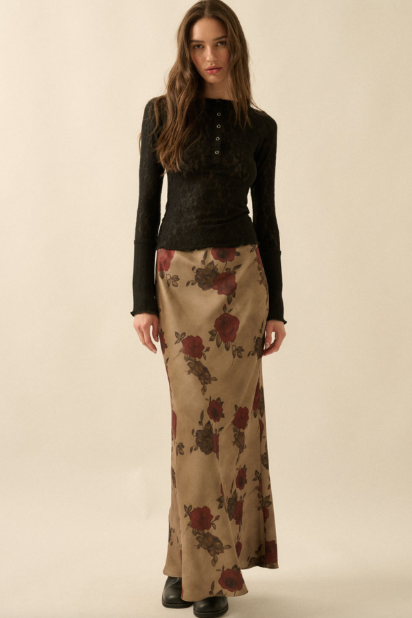 Red Rose Floral Print Maxi Skirt