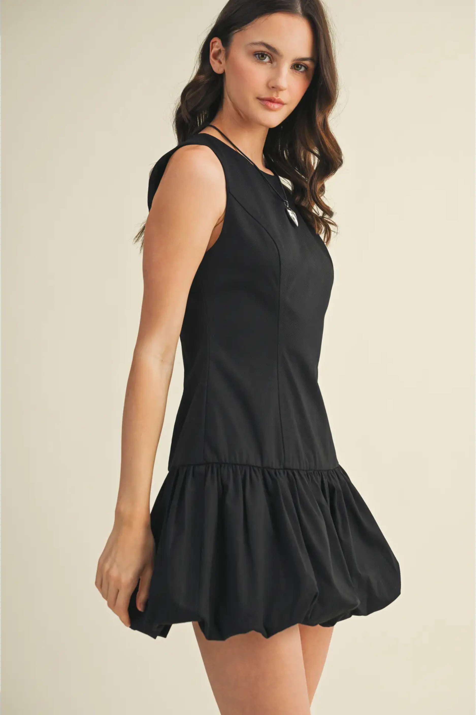 Balloon Hem Mini Dress - Black