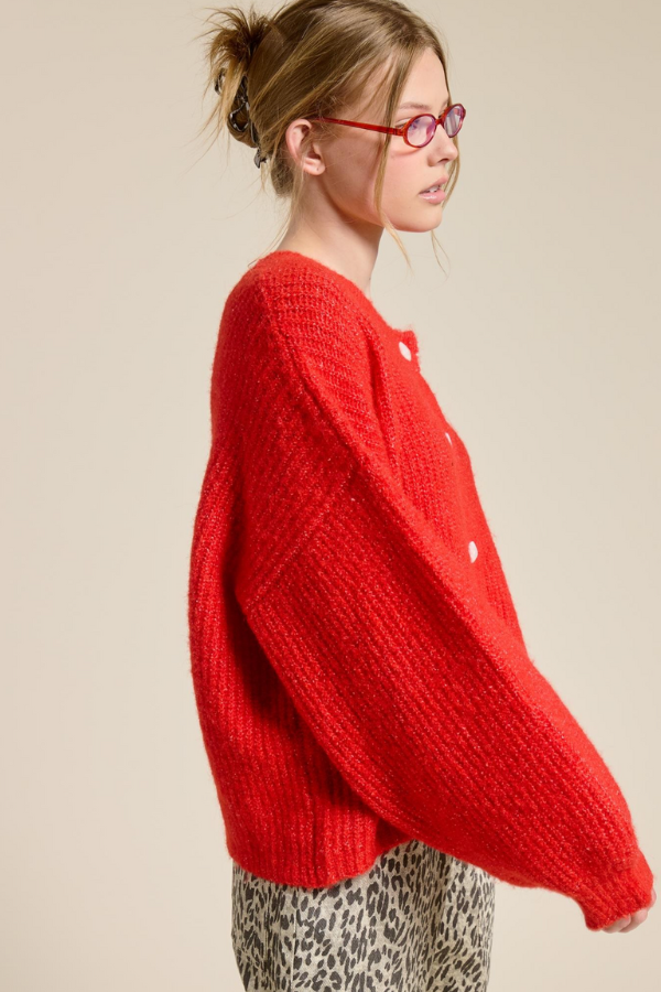 Balloon Sleeve Knit Cardigan - Scarlet