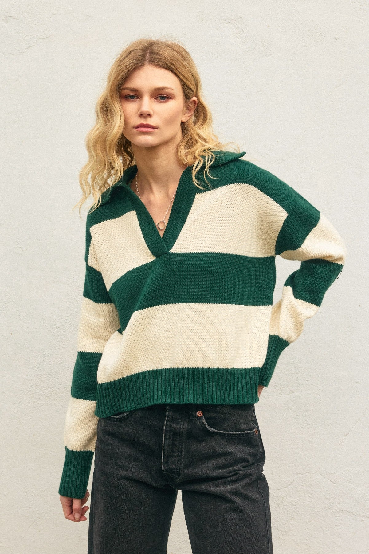 Polo Stripe Collared Sweater - Green