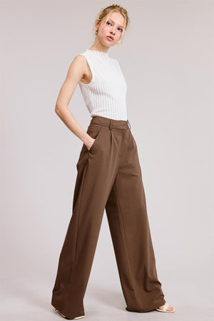 Pleated Wide Leg Trousers - Brown