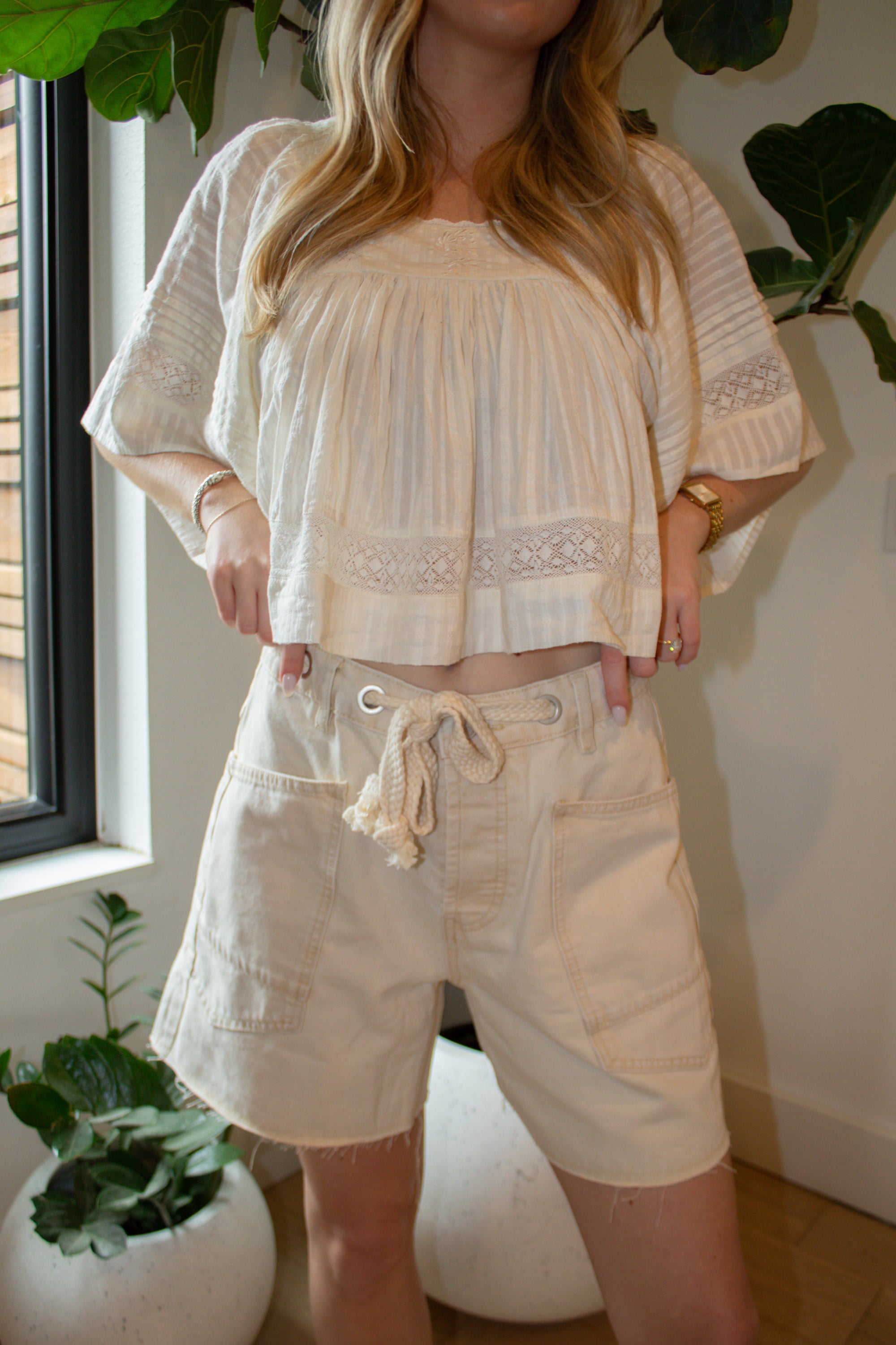 Vintage Washed Barrel Denim Shorts - Cream