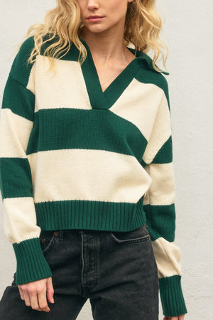 Polo Stripe Collared Sweater - Green