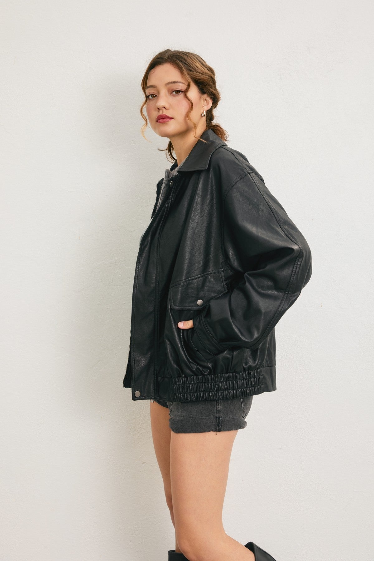 Oversized Faux Leather Biker Jacket - Black