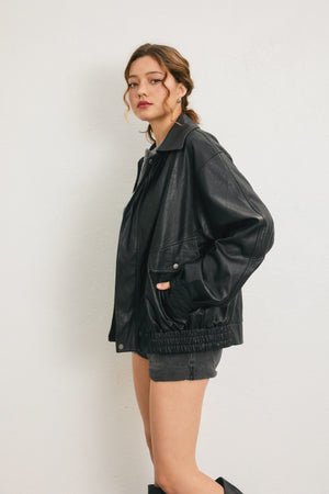 Oversized Faux Leather Biker Jacket - Black