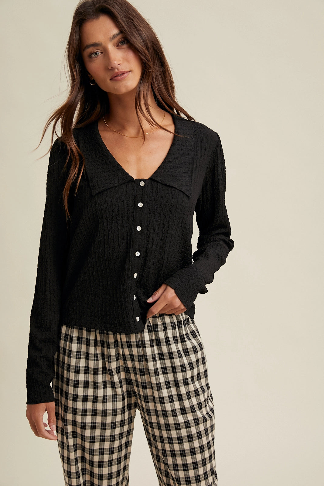 Textured Button Up Knit Top - Black