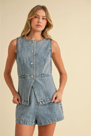 Denim Vest Set - Light Blue