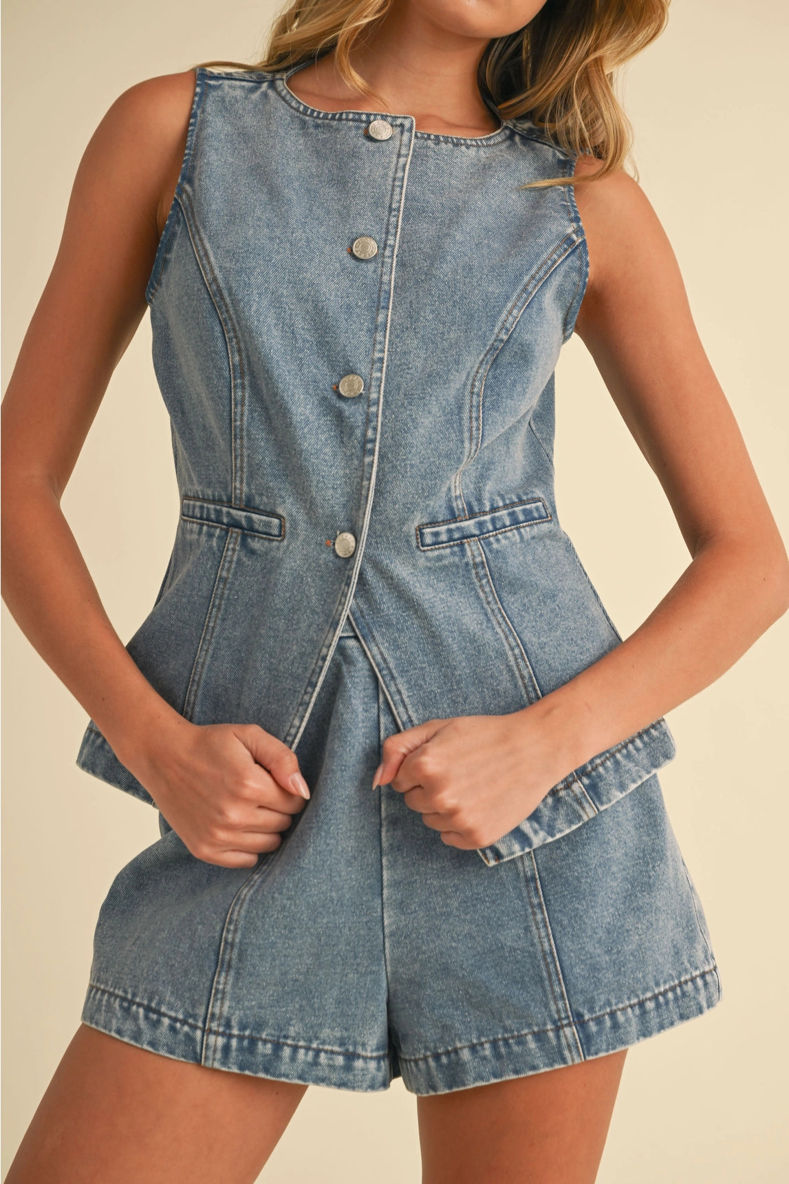 Denim Vest Set - Light Blue