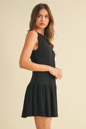 Stretchy Linen Drop Waist Mini Dress - Black