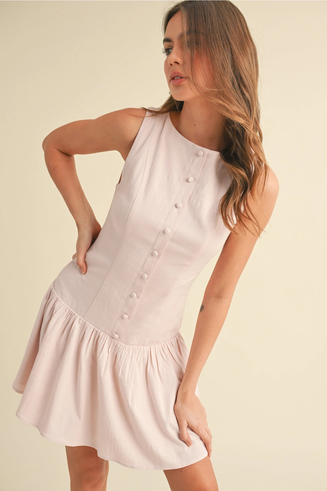 Stretchy Linen Drop Waist Mini Dress - Pink
