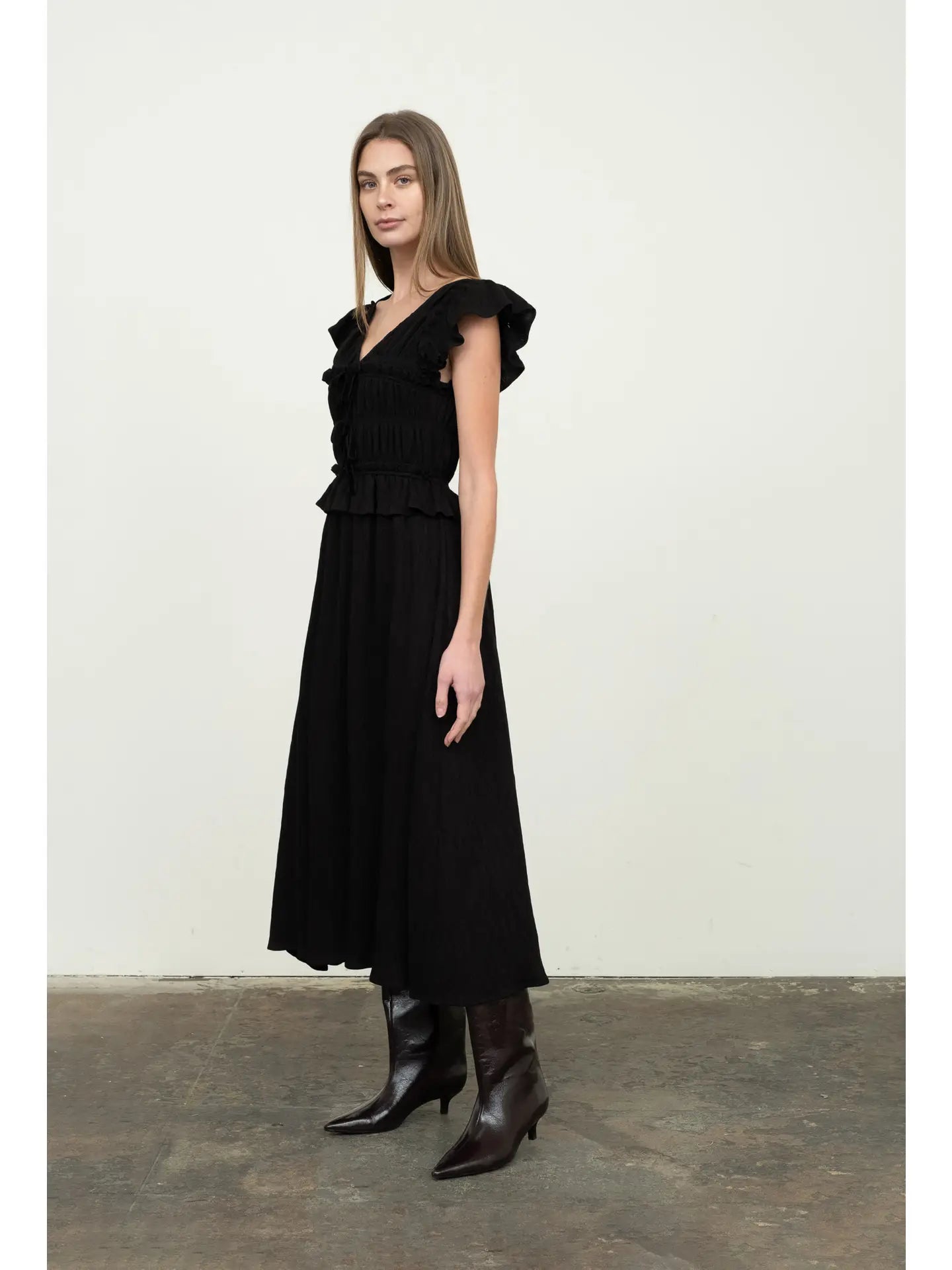 Shirred V Neck Midi Dress