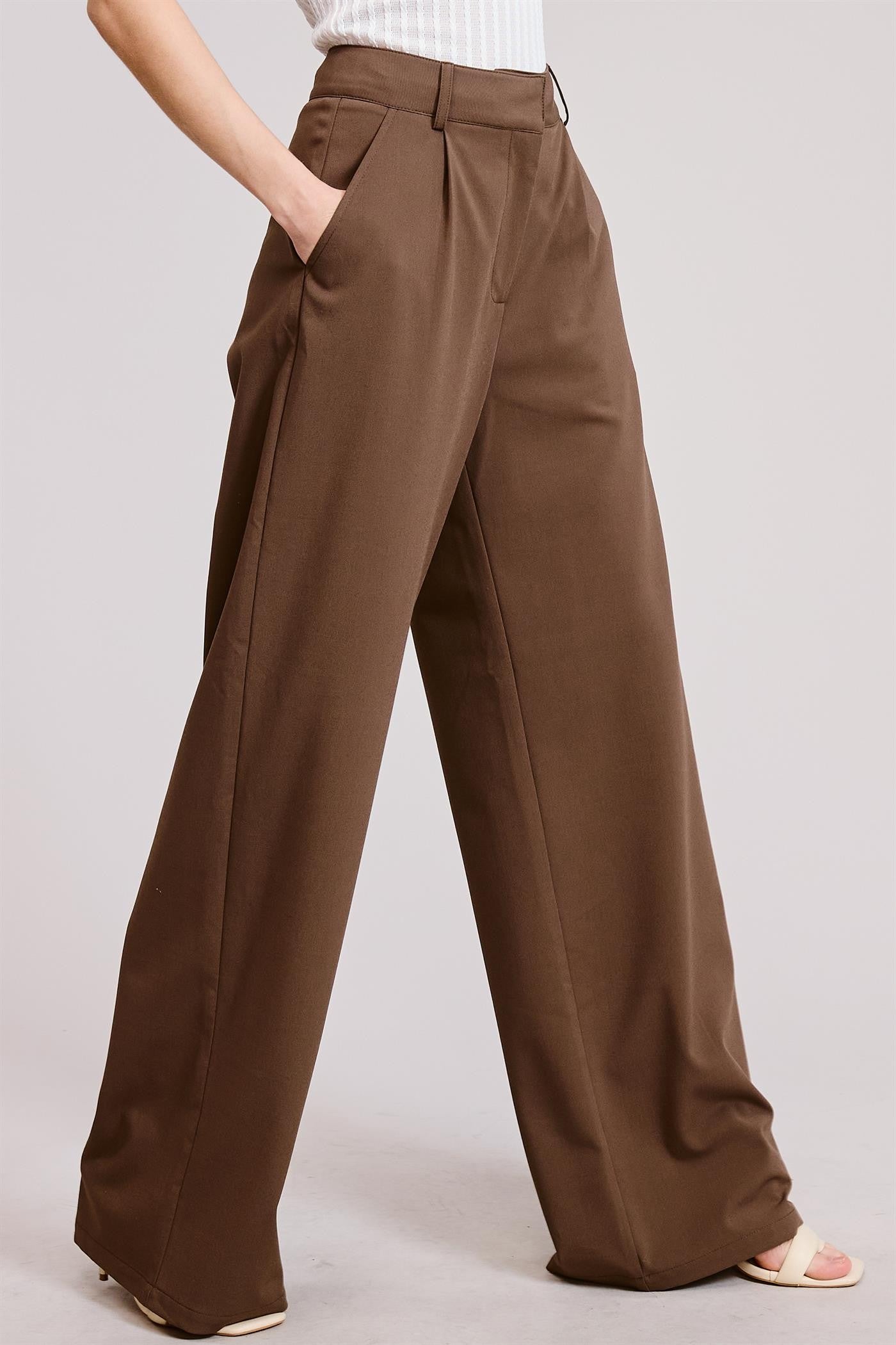 Pleated Wide Leg Trousers - Brown