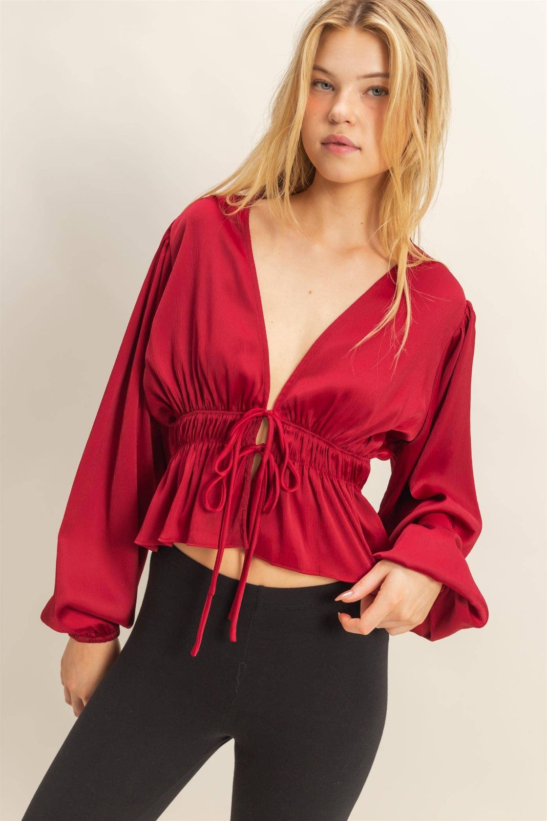Deep V Peasant Blouse - Burgundy