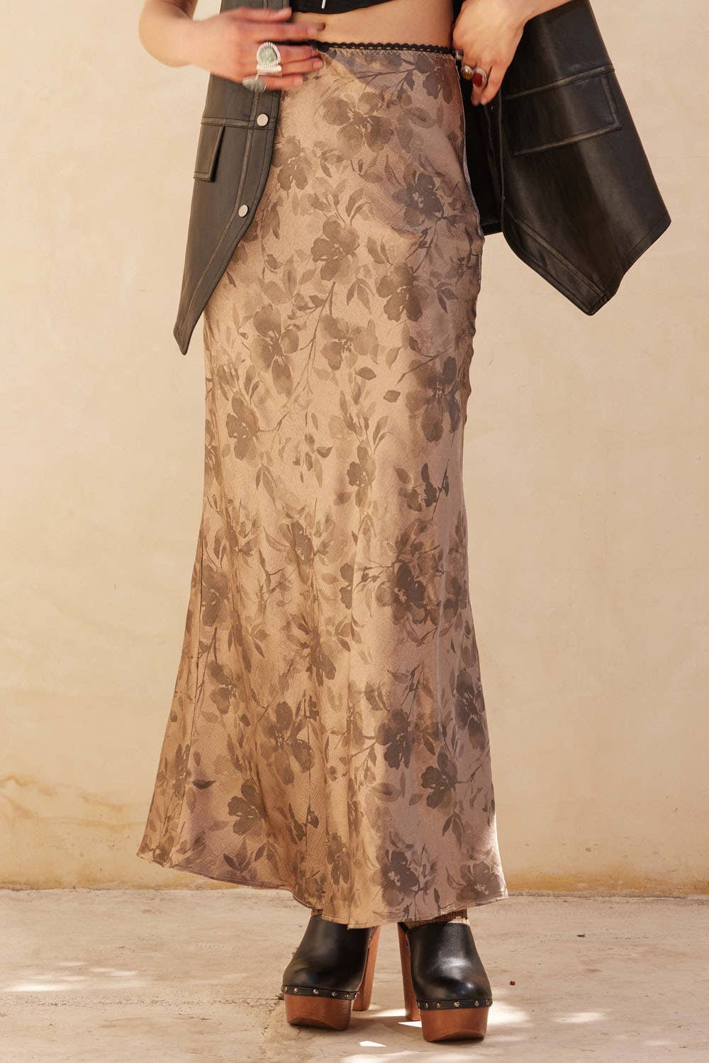 Floral Print Satin Maxi Skirt