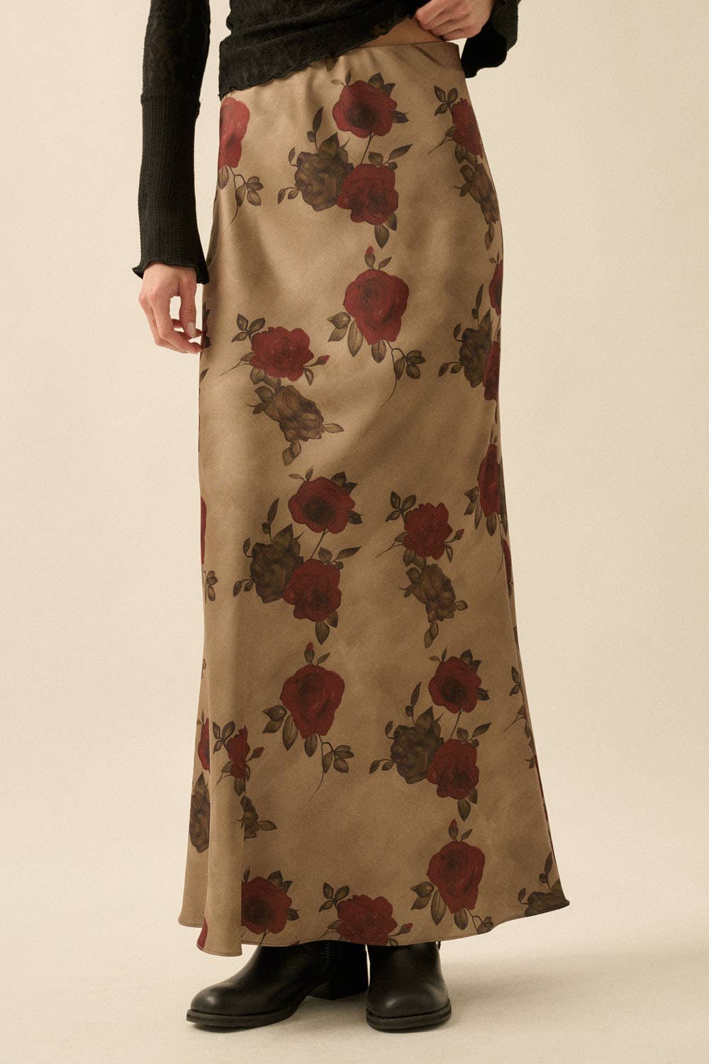 Red Rose Floral Print Maxi Skirt