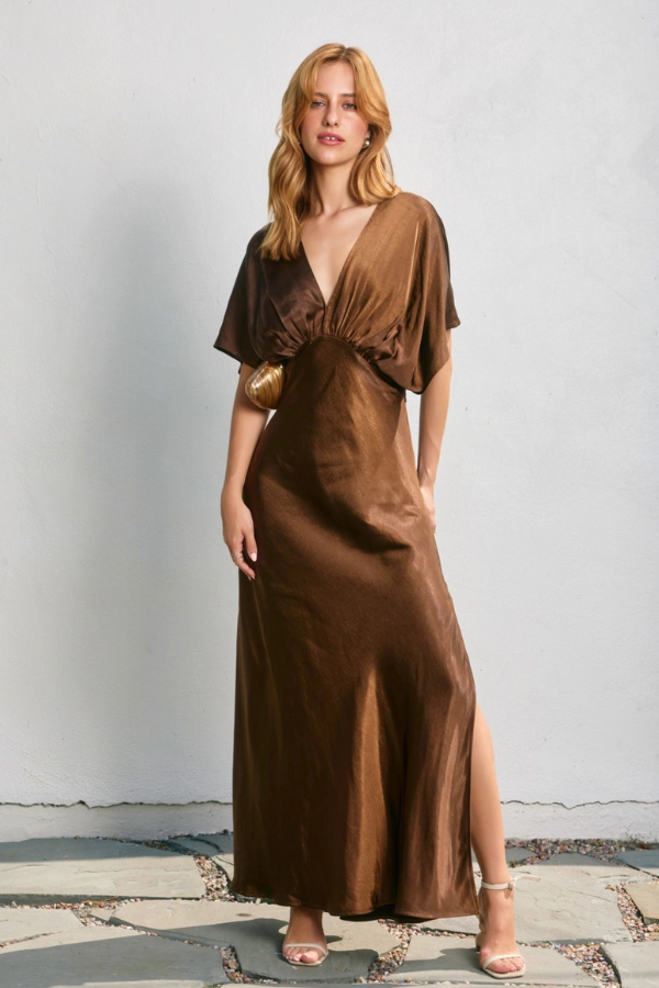 Satin Blouson Maxi Dress - Chocolate