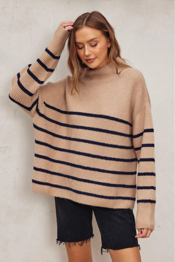 High Neck Striped Sweater - Tan & Black