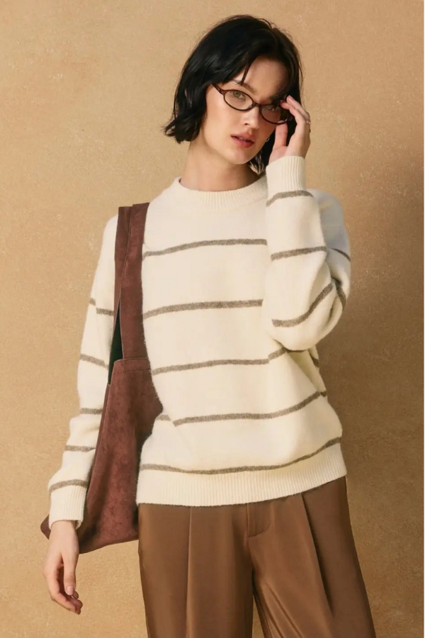 Eva Crewneck Striped Sweater - Cream & Tan