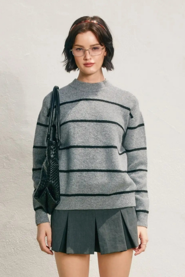 Eva Crewneck Striped Sweater - Grey & Black