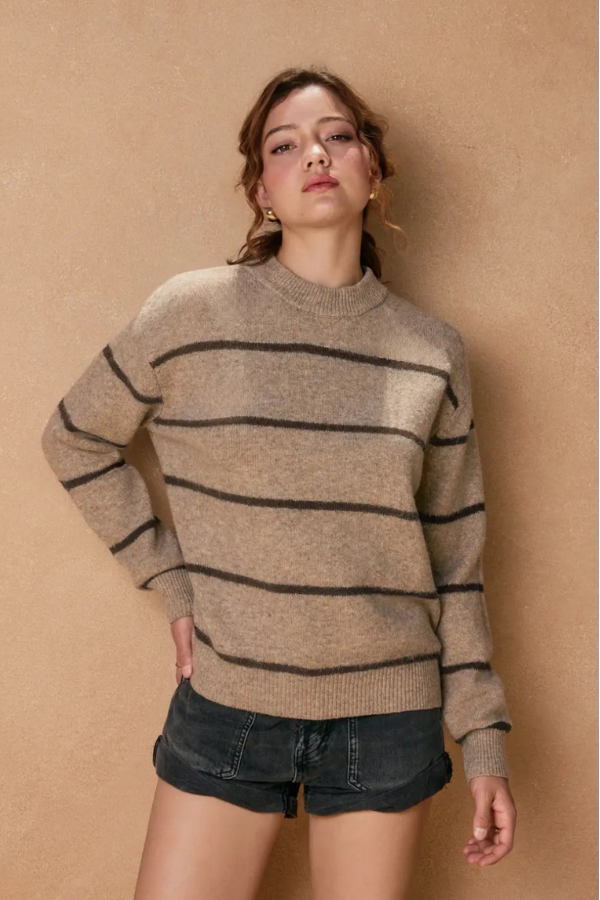 Eva Crewneck Striped Sweater - Mocha & Brown