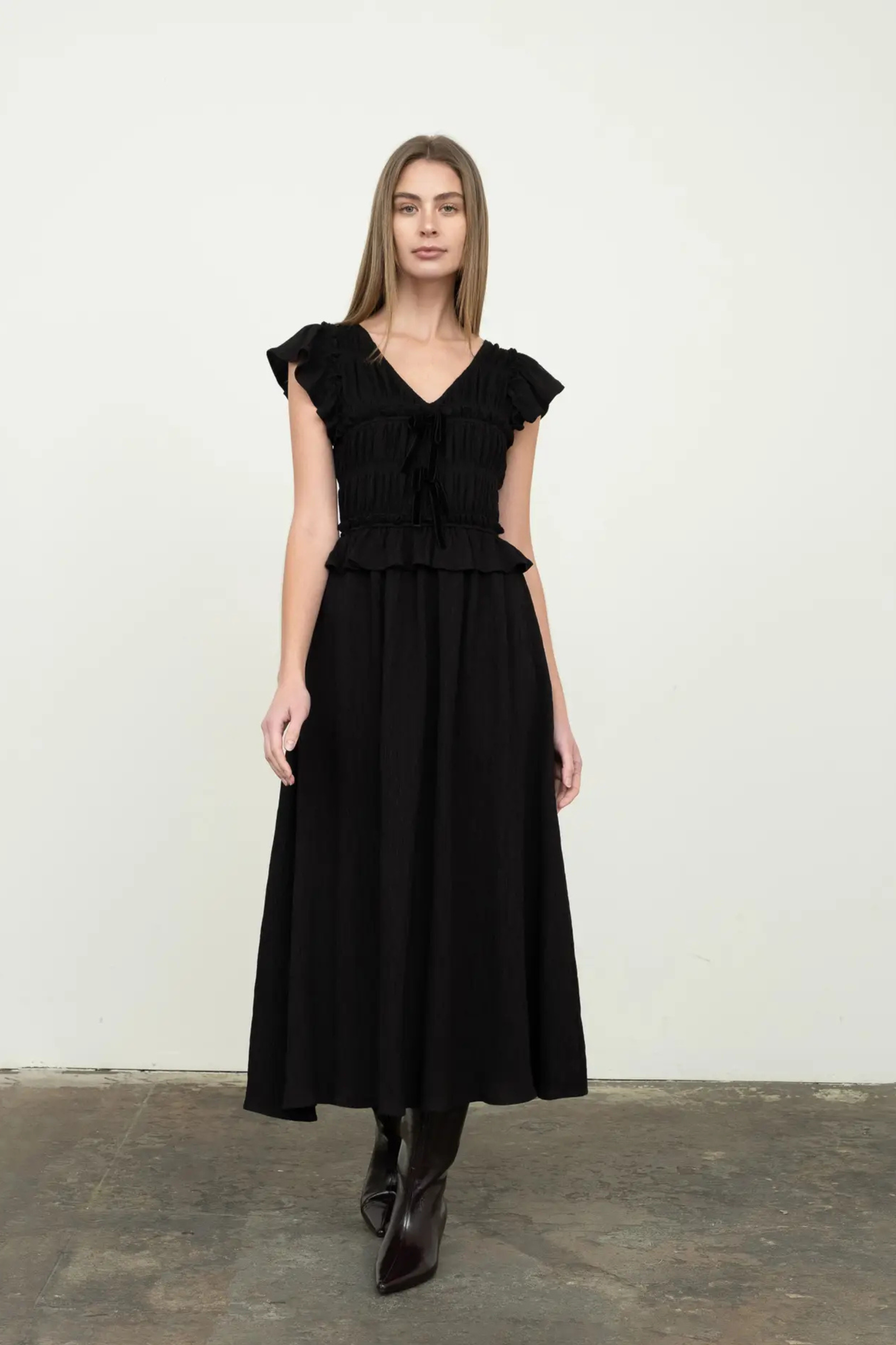 Shirred V Neck Midi Dress