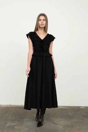 Shirred V Neck Midi Dress