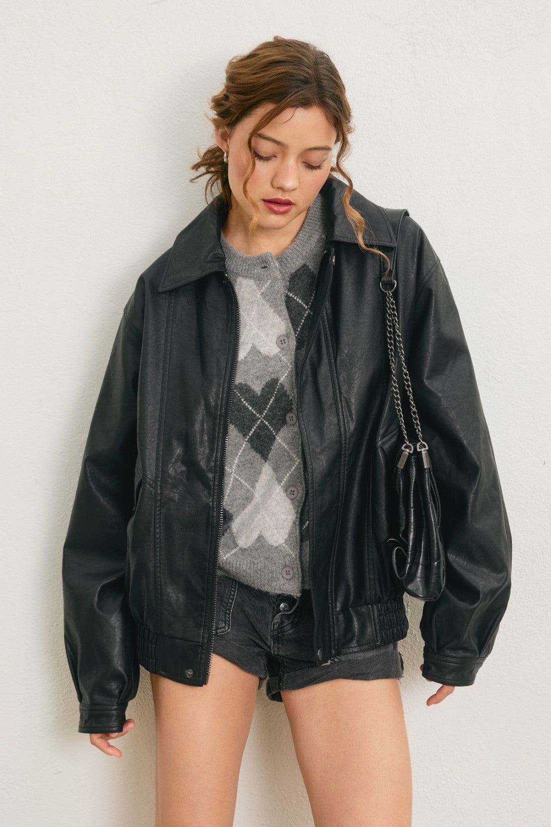 Oversized Faux Leather Biker Jacket - Black