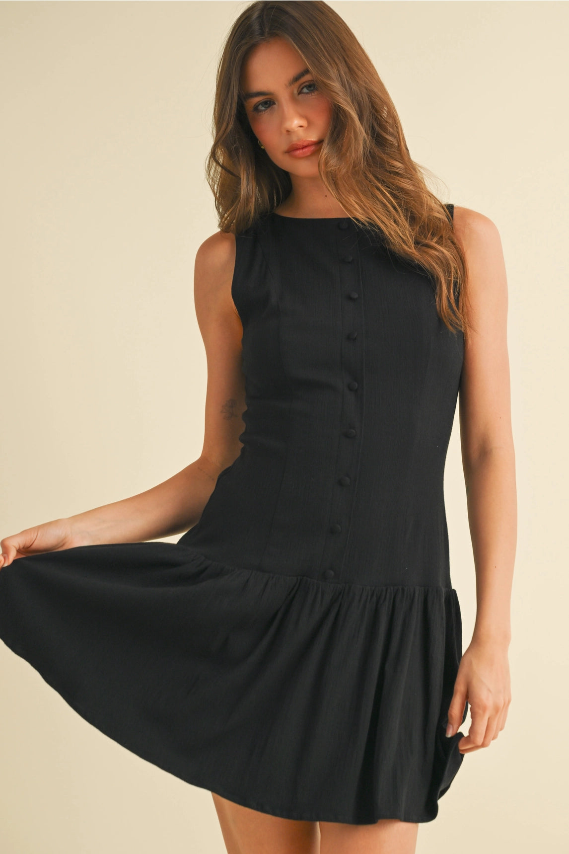 Stretchy Linen Drop Waist Mini Dress - Black