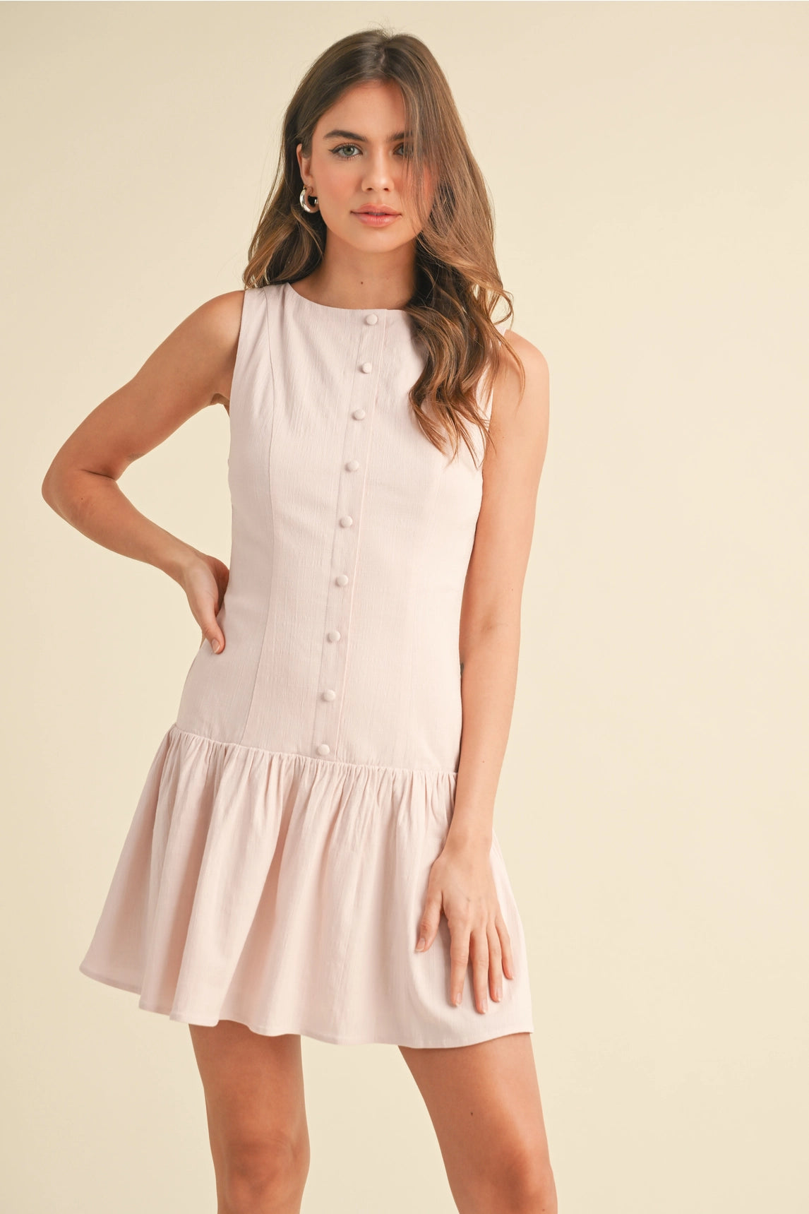 Stretchy Linen Drop Waist Mini Dress - Pink