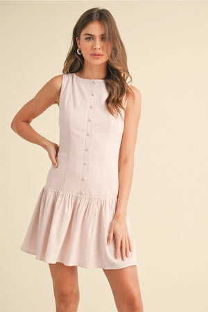 Stretchy Linen Drop Waist Mini Dress - Pink
