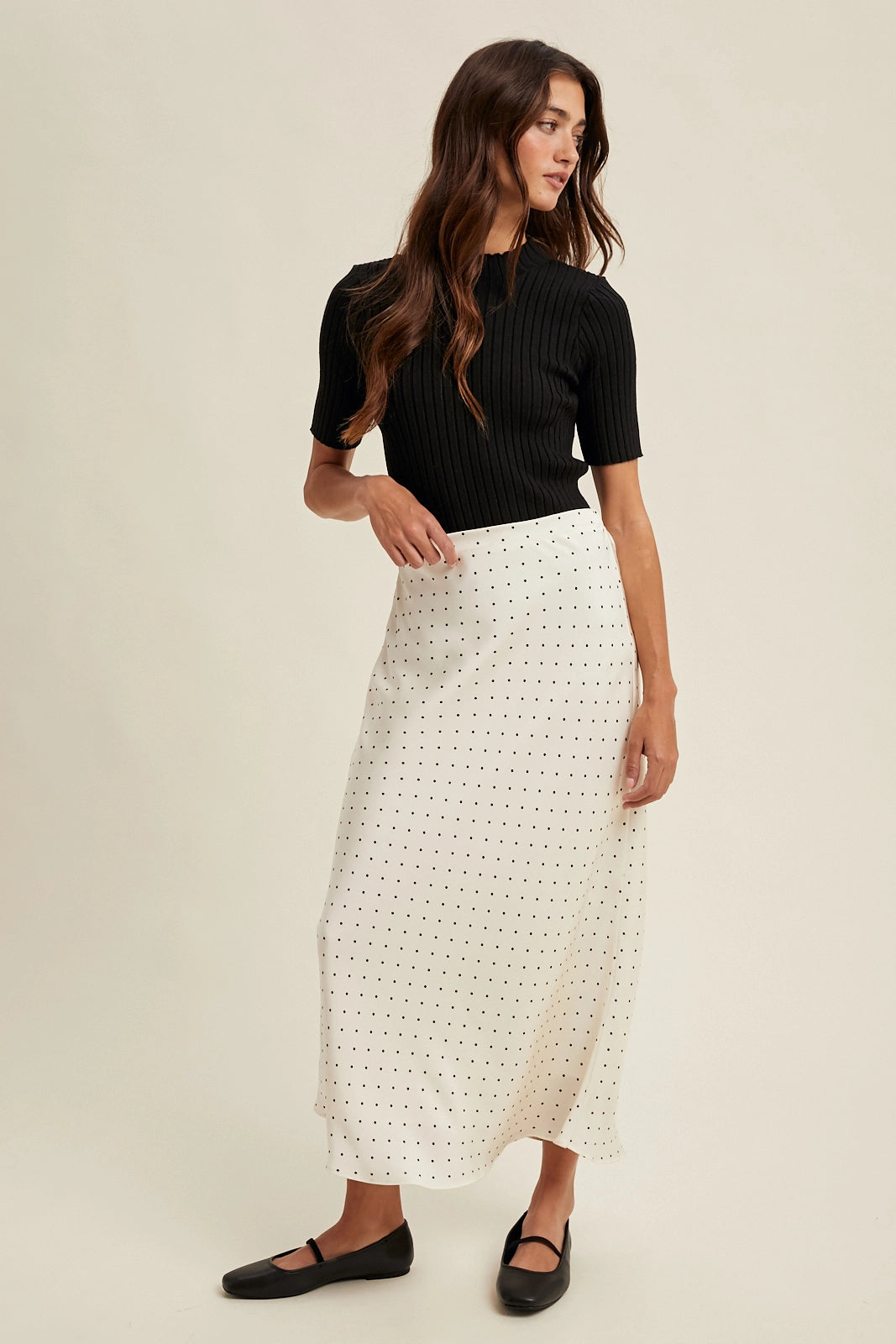 Polka Dot Satin Midi Skirt