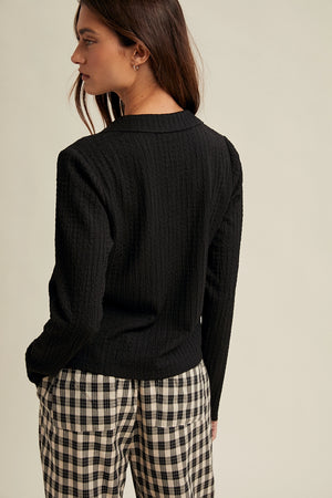 Textured Button Up Knit Top - Black