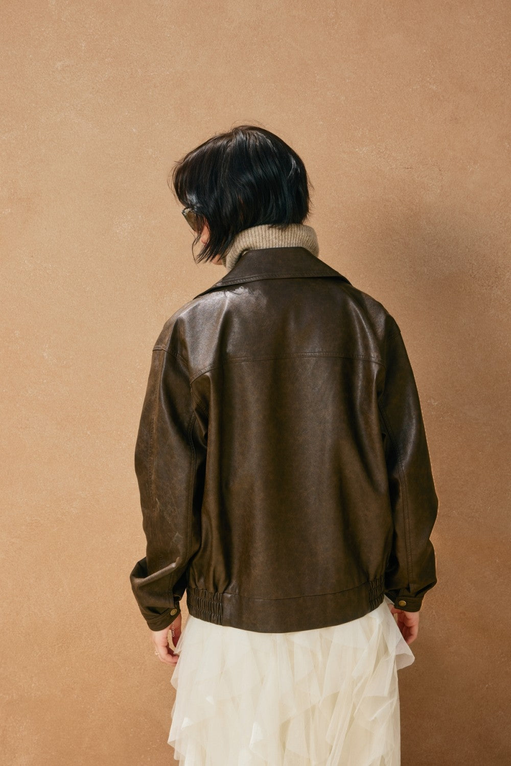 Oversized Faux Leather Biker Jacket - Espresso