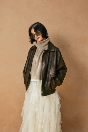 Oversized Faux Leather Biker Jacket - Espresso
