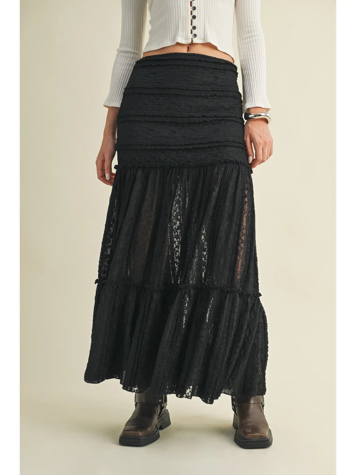 Tiered Lace Maxi Skirt - Black