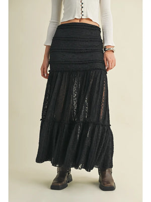 Tiered Lace Maxi Skirt - Black