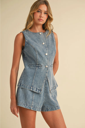 Denim Vest Set - Light Blue