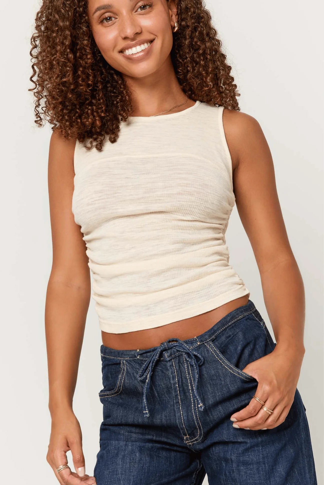 Cristalla Mixed Rib Tank Top - Ceramic