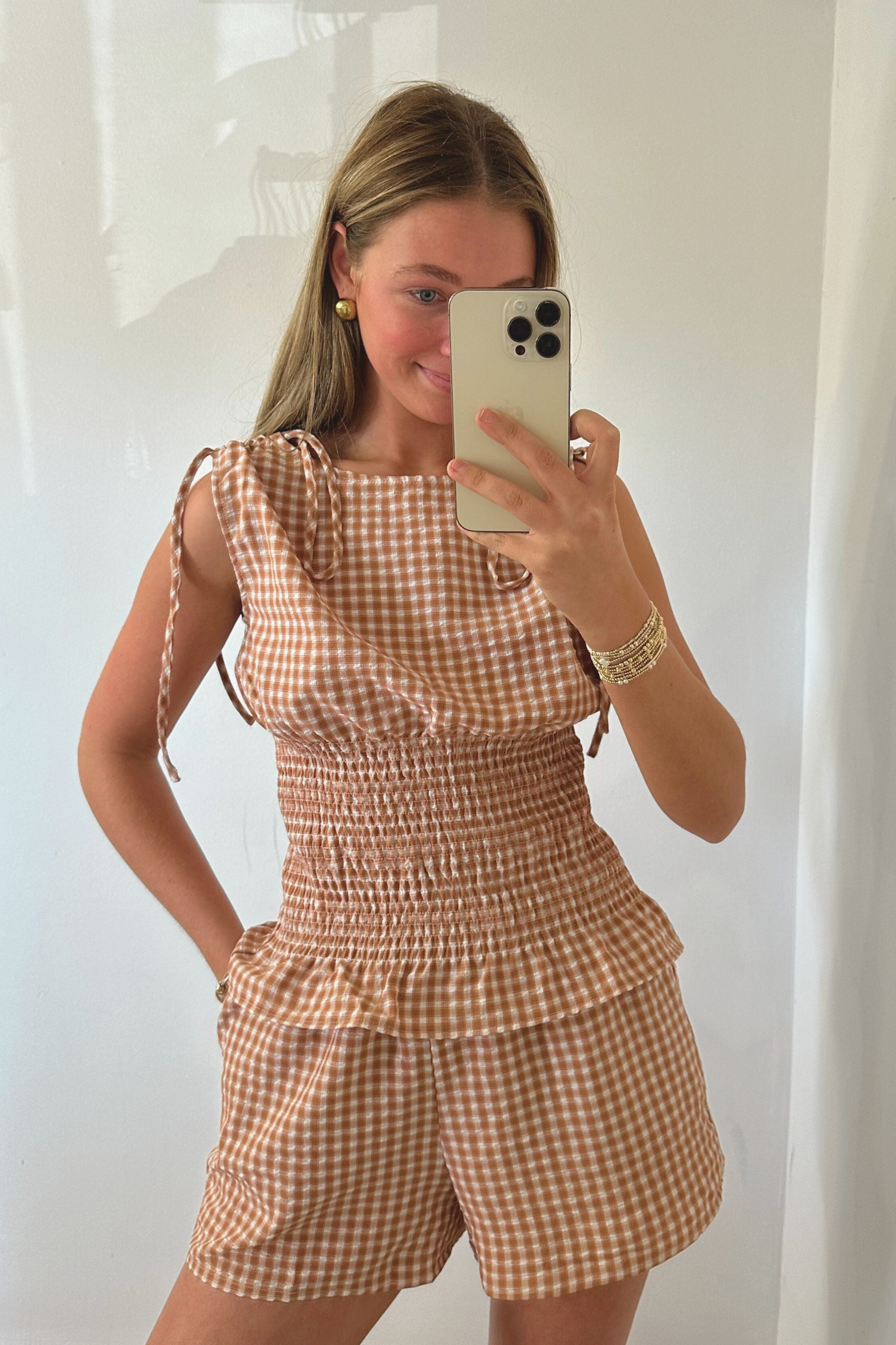 Gingham Smocked Shorts Set - Clay