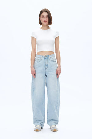 High Rise Barrel Leg Denim Jeans - Light Blue