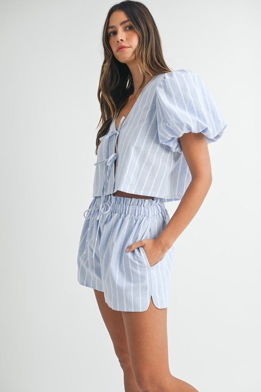 Stripe Bow Tie Shorts Set - Blue