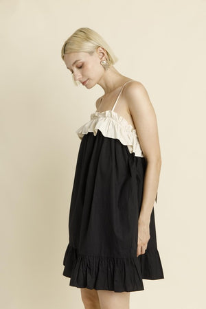Color Block Ruffle Mini Dress - Black