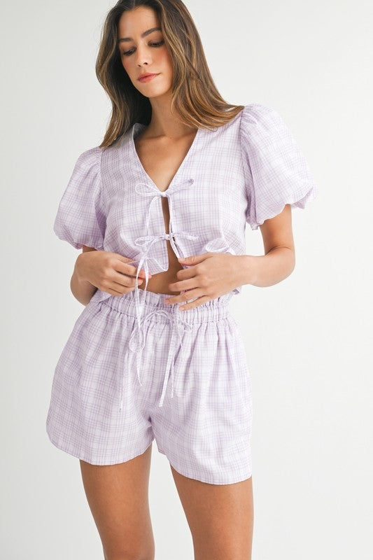 Plaid Bow Tie Short Set - Purple