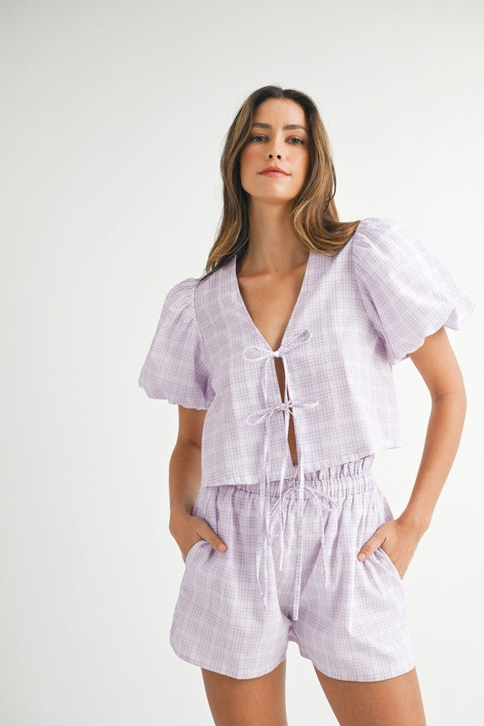 Plaid Bow Tie Short Set - Purple