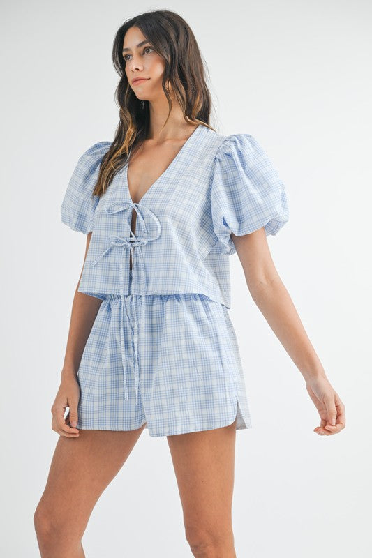 Plaid Bow Tie Short Set - Blue