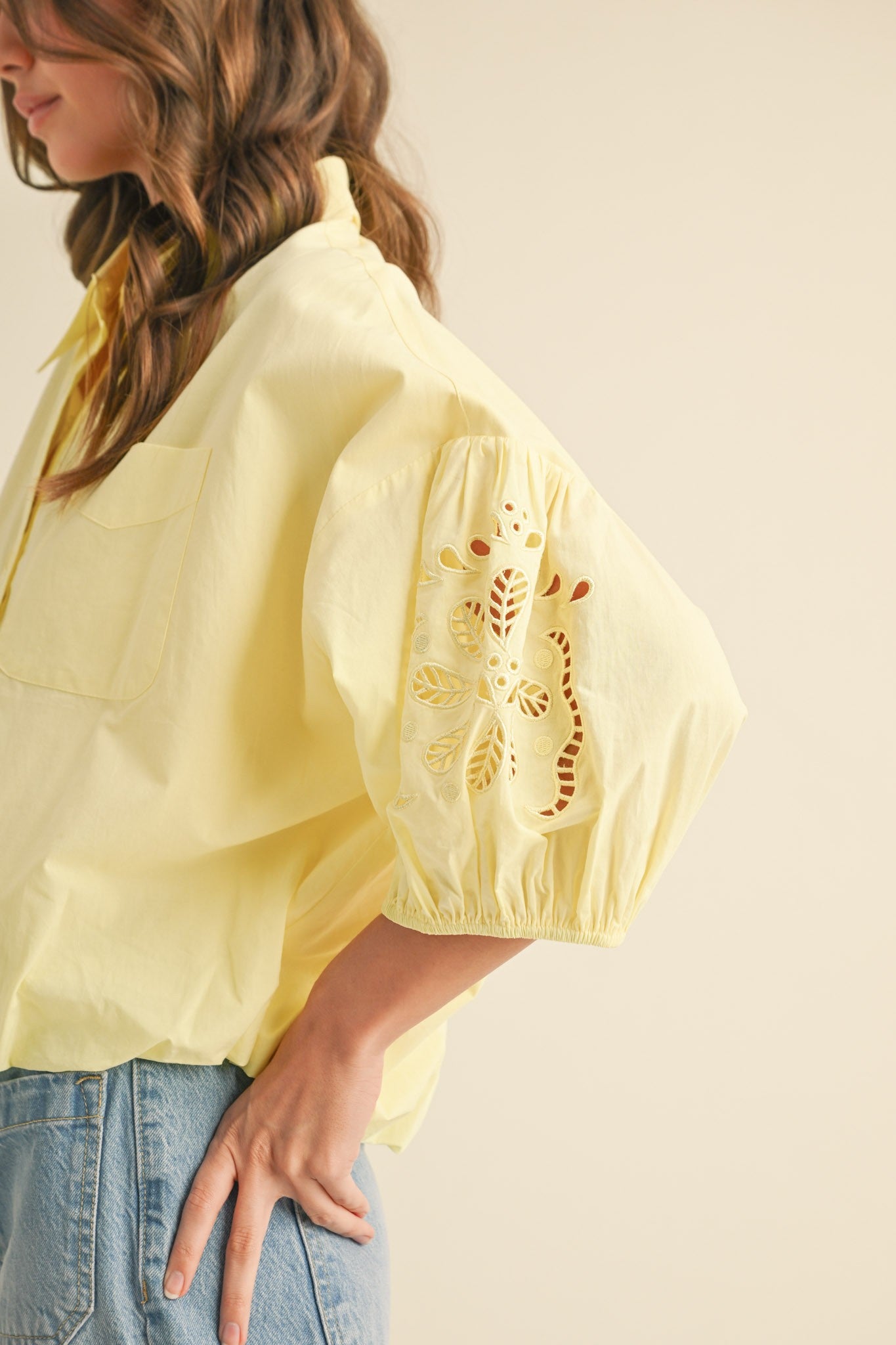 Embroidered Bubble Sleeve Top - Lemon