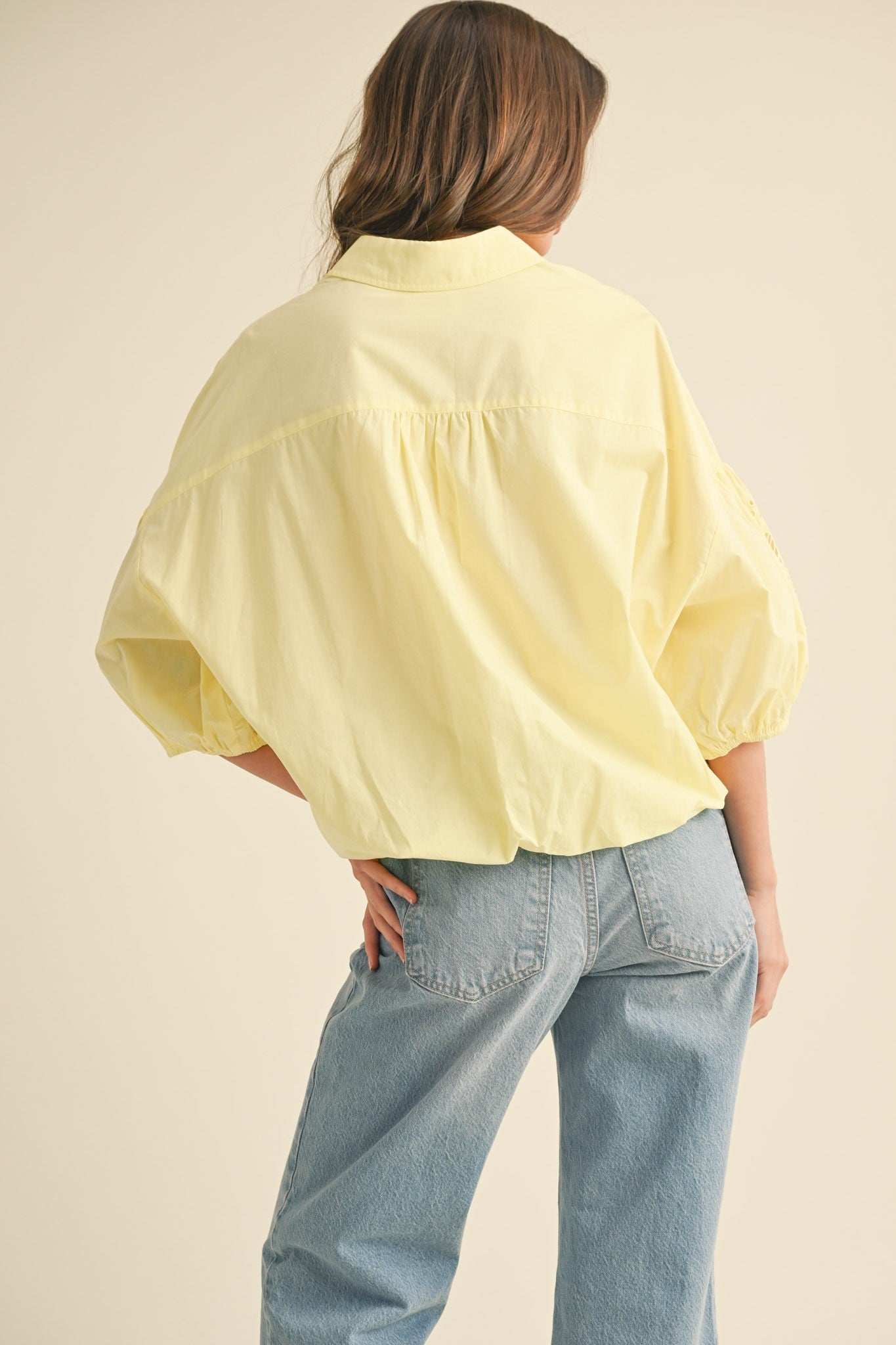 Embroidered Bubble Sleeve Top - Lemon